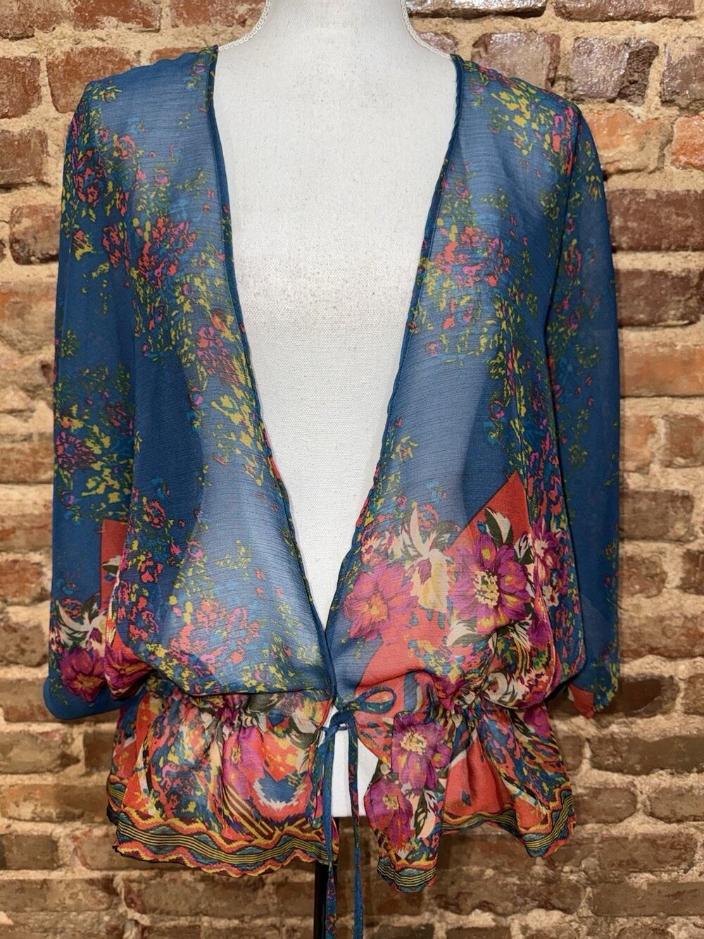 August Silk Dolman sleeve Sheer Tie Waist Open multicolor blouse Top Sz XL